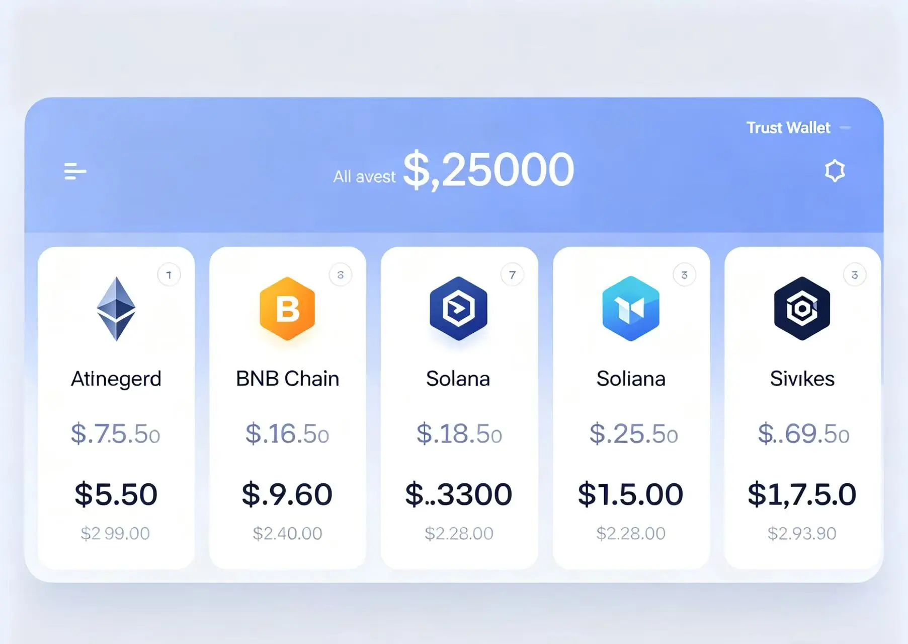 Trust Wallet 多链资产管理界面示意图,直观呈现多链资产统一管理效果 Trust Wallet 多链资产管理界面示意图,直观呈现多链资产统一管理效果
