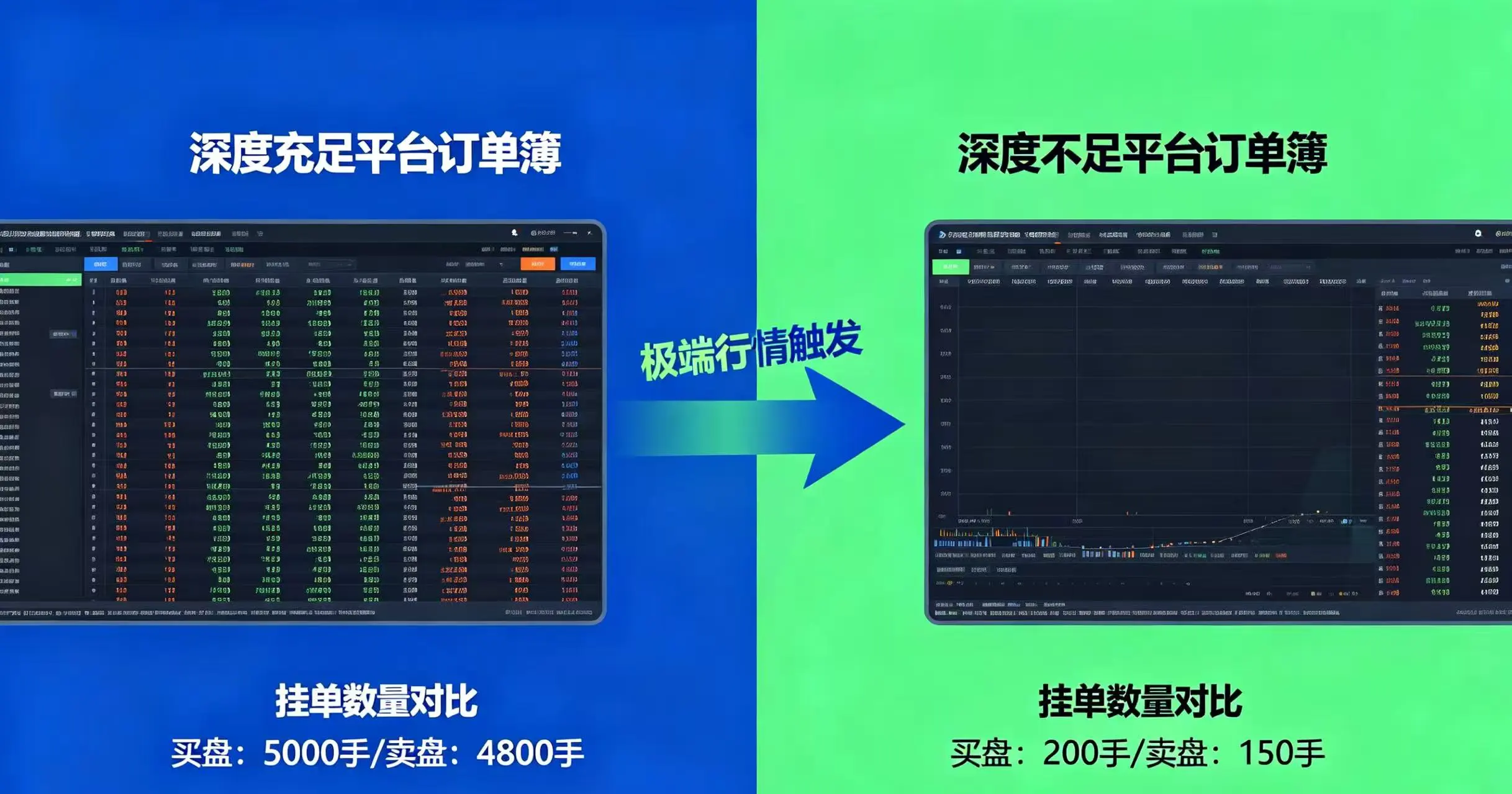 极端行情下深度充足和不足平台的订单簿状态对比