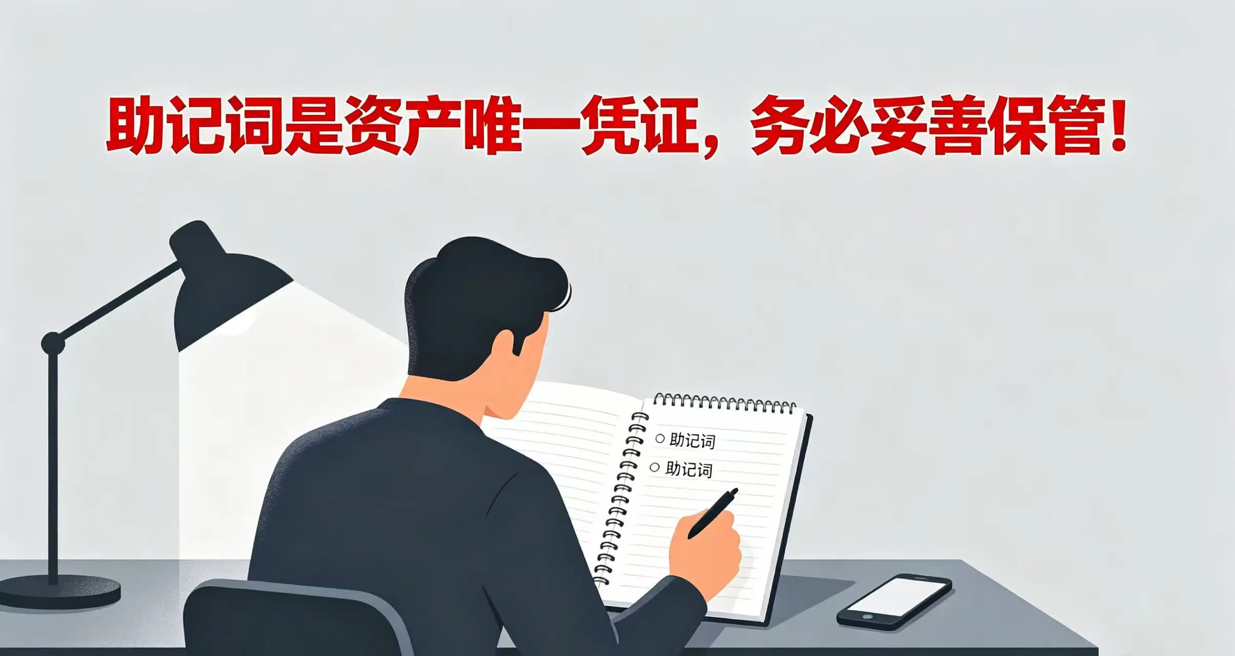 用户记录助记词，强调助记词保管的重要性