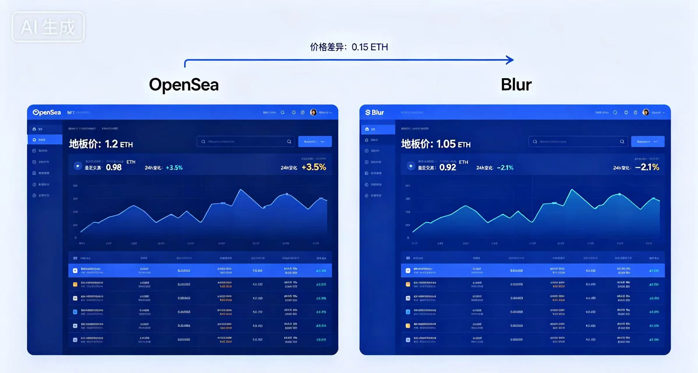 OpenSea 和 Blur 的 NFT 地板价查询界面对比
