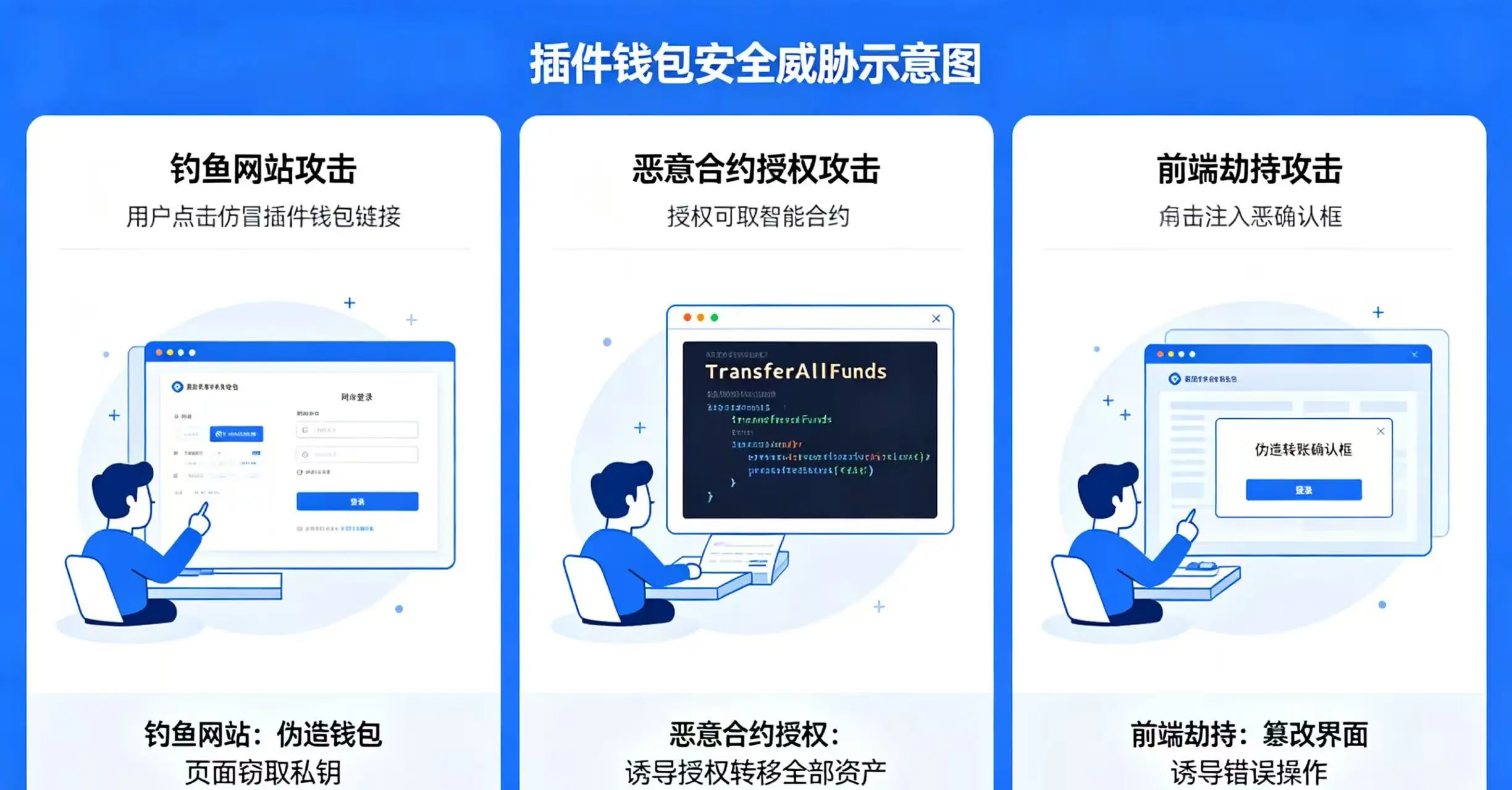 插件钱包安全威胁示意图，展示钓鱼网站、恶意合约授权、前端劫持三种常见攻击方式