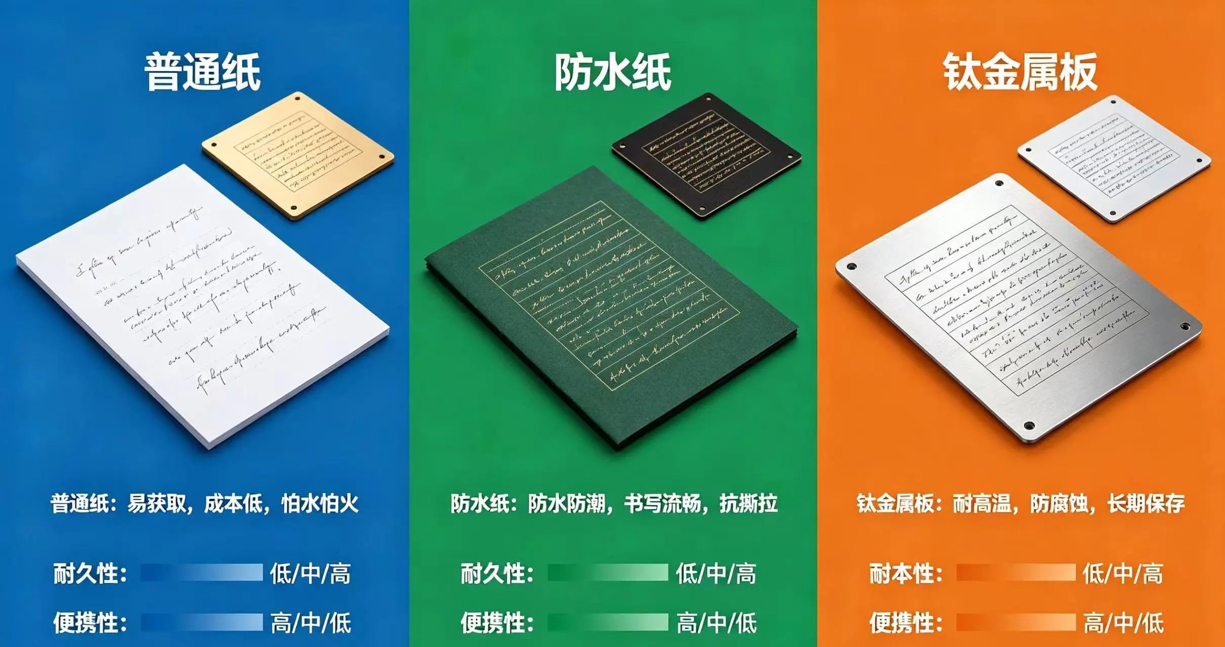不同助记词备份介质（普通纸、防水纸、钛金属板）对比信息图