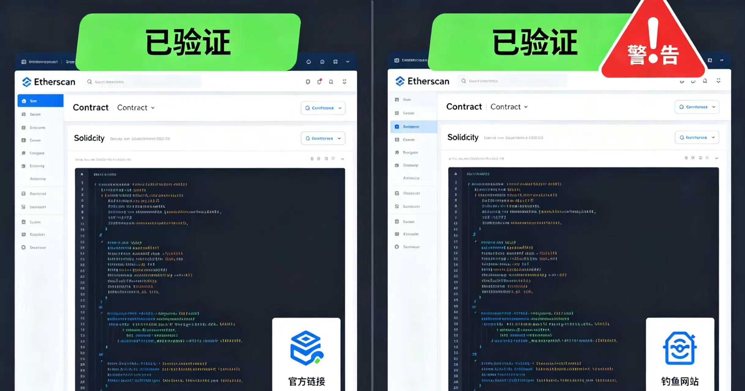 对比展示真实的 Etherscan 验证与虚假验证的区别，提醒用户警惕钓鱼网站和伪造信息。