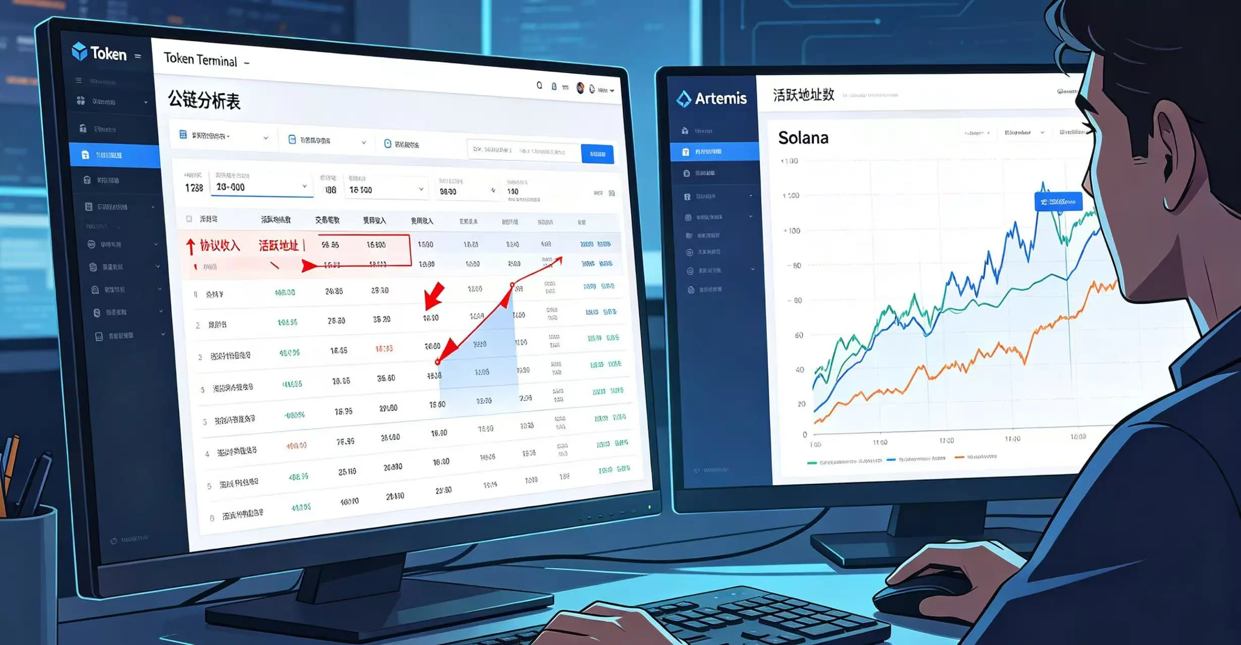 对比展示 Token Terminal 的财务报表视角与 Artemis 的多链对比折线图视角，帮助用户从不同维度分析公链活跃度。
