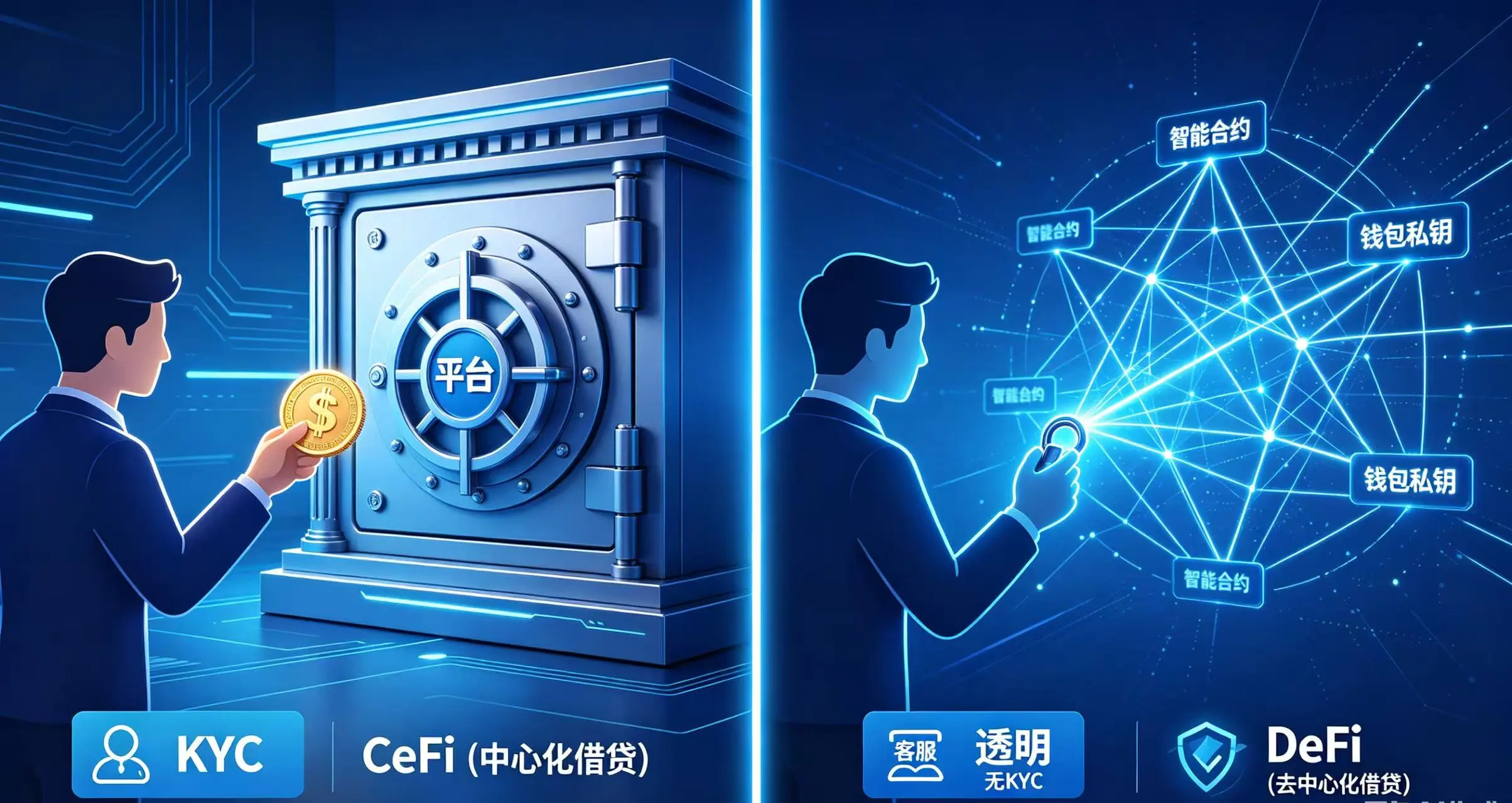 对比风格的画面，形象地展示中心化（CeFi）和去中心化（DeFi）借贷平台在资产保管和风险上的本质区别。