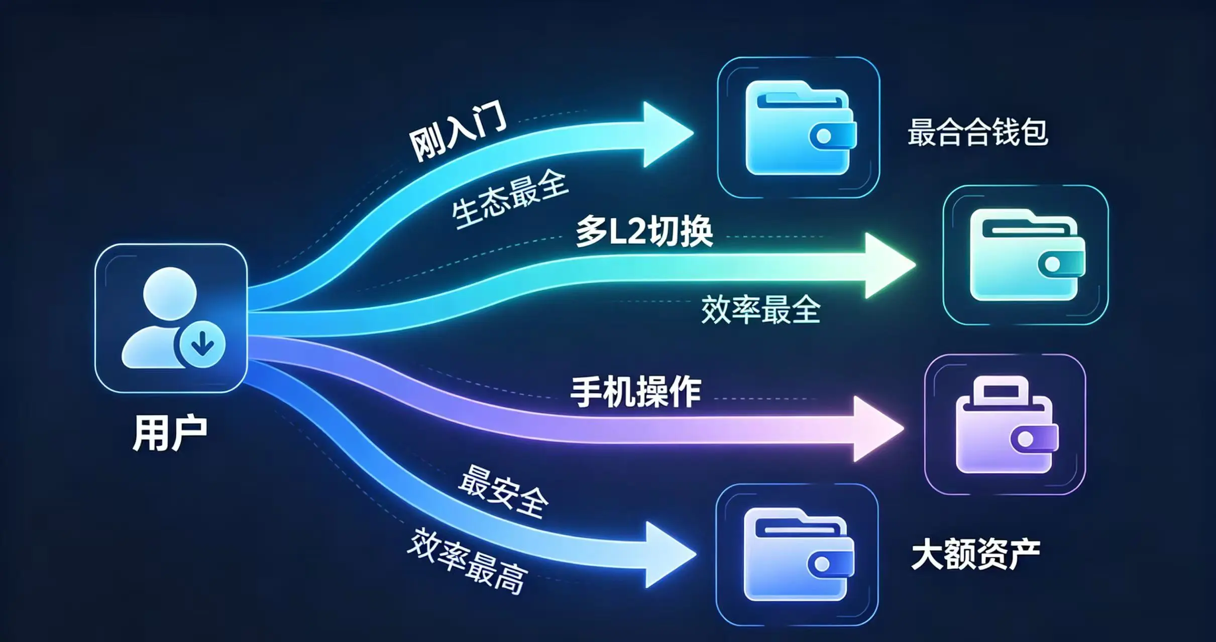 风格化的 “路线图” 或 “决策树”，帮助读者根据自己的使用场景快速找到最适合的钱包。