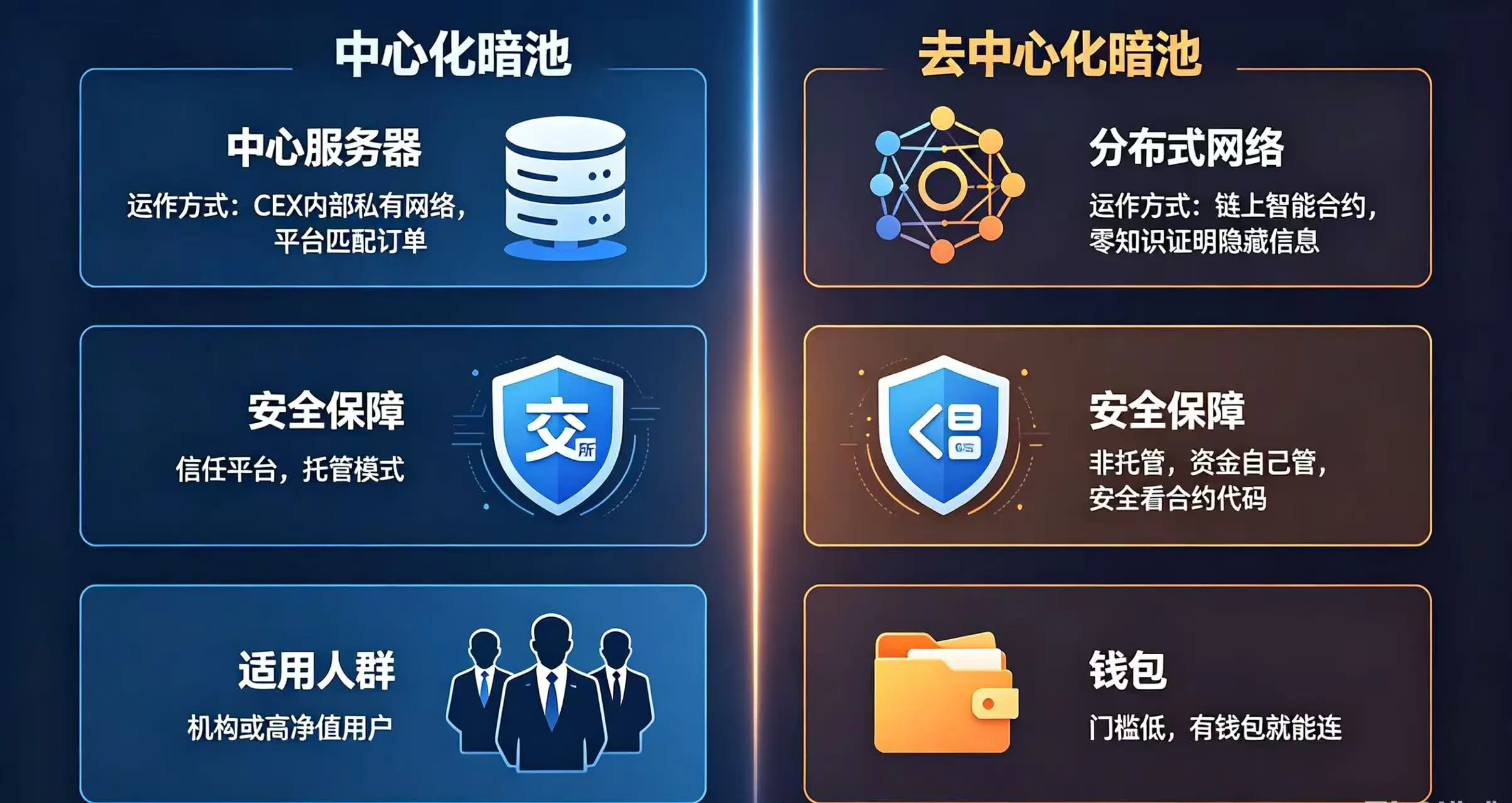  “中心化暗池” 和 “去中心化暗池” 在 “运作方式”、“安全保障” 和 “适用人群” 三个关键维度上的不同
